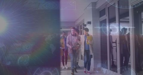 Multiracial Business Team Walking in Office with Digital Overlay