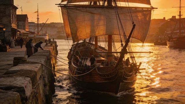 Sunset docking of historic wooden tall ship at stone quay with crew securing lines in port