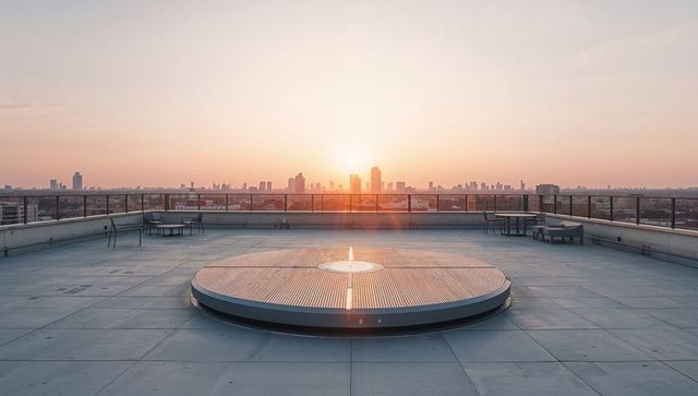 Sunrise over minimal rooftop with central circular platform and city skyline