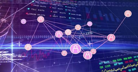 Pink Network of User Nodes Mapping Social Connections over Live Financial Market Dashboard