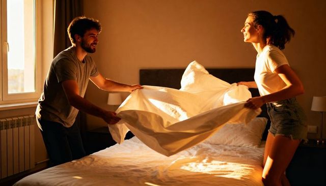 Couple making bed together at sunrise enjoying cozy morning routine and playful connection