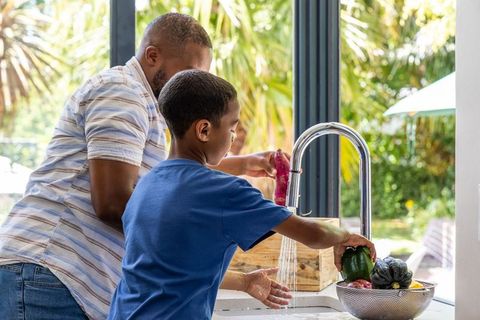 African american father and son washing produce at kitchen sink in sunlit backyard kitchen