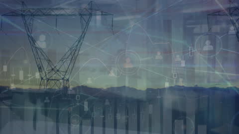 Electric Pylons with Digital Network and Graph Overlay at Sunset