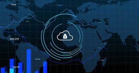 Secured Cloud Network Visualization Showing Global Data Streams and Real-Time Analytics