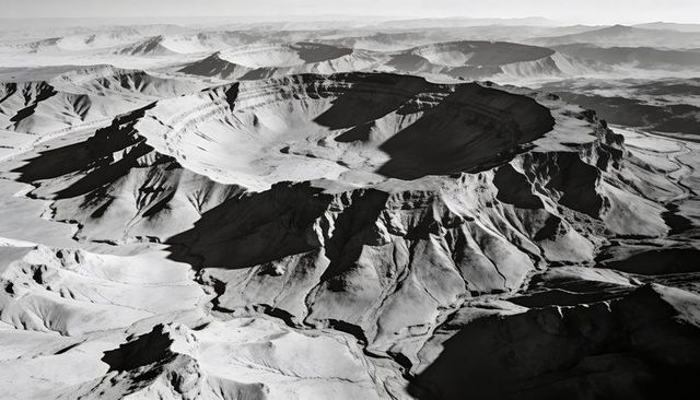 Revealing volcanic caldera with terraced rims, winding dry channels and dramatic shadows