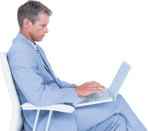 Transparent Businessman Typing on Laptop in Ergonomic Chair