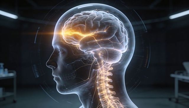 Transparent human head revealing glowing brain and spinal nerve network with futuristic medical hud
