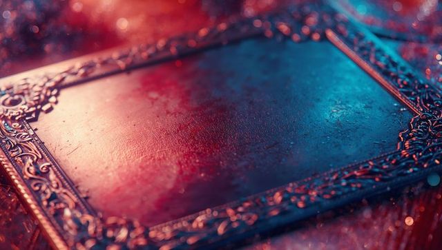 Ornate frame lying on glittering table with red blue lighting