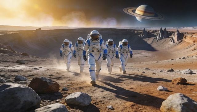 Five Astronauts Trekking Across Cratered Alien Plain Under Ringed Planet