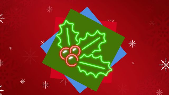 This vibrant animation features glowing holly leaves surrounded by falling snowflakes against a colorful backdrop. Perfect for use in holiday-themed digital content or promotional materials, it brings a playful and joyful atmosphere to any Christmas celebration project.