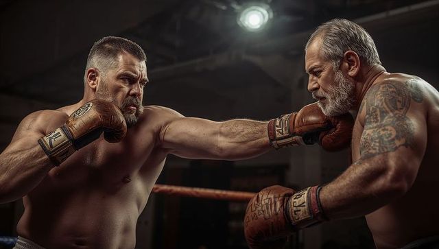 Muscular boxer landing straight punch on older opponent in gritty ring under spotlight