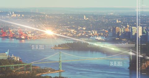 Digital interface overlay on urban cityscape illustration