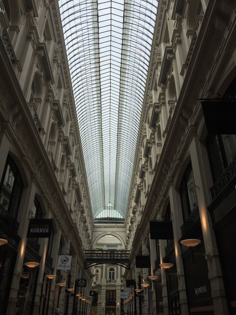 High-end shopping arcade features an intricate glass ceiling and detailed architectural elements. Ideal for portraying luxury, shopping experiences, architectural beauty, tourism advertisements, real estate promotions, or illustrating elegant commercial spaces.