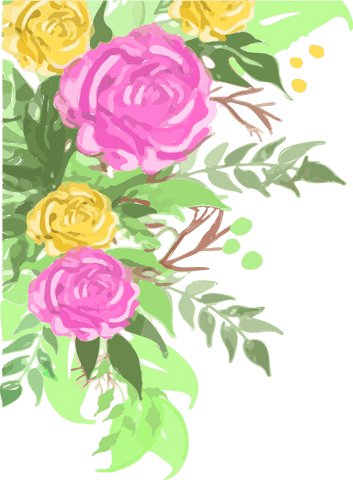 Floral corner design with transparent pink and yellow roses
