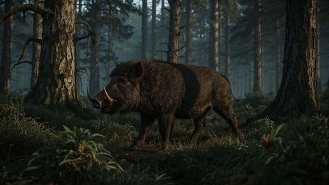 Majestic wild boar roaming misty forest