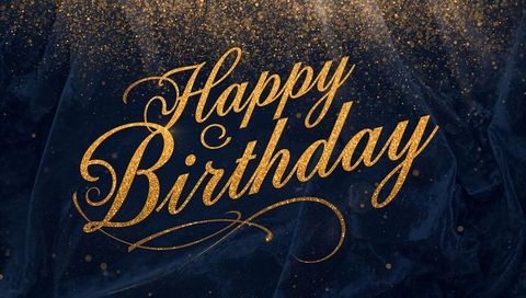 Elegant Gold Script Happy Birthday Lettering on Navy Velvet Backdrop with Glitter Confetti