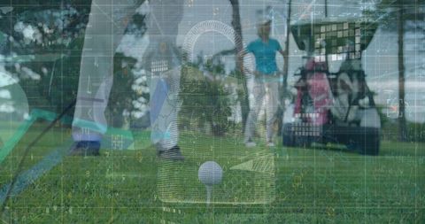 Golfer Teeing Off on Lush Course with Golf Cart in Background - Download Free Stock Images Pikwizard.com