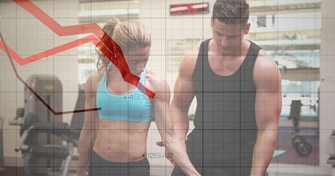 Personal trainer guiding client lifting dumbbell with fitness analytics overlay tracking