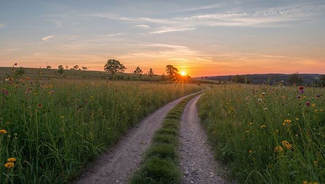 Winding meadow trail at sunset with wildflowers and sunburst on horizon, rural countryside path