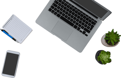 transparent desk setup with laptop, smartphone, notepad and plants - Download Free Stock Videos Pikwizard.com