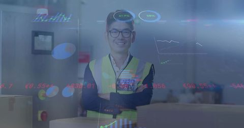 Warehouse Worker Analyzing Data with Digital Interface Overlay