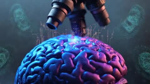 Microscope Scanning Brain with Circuitry and Neon Effects
