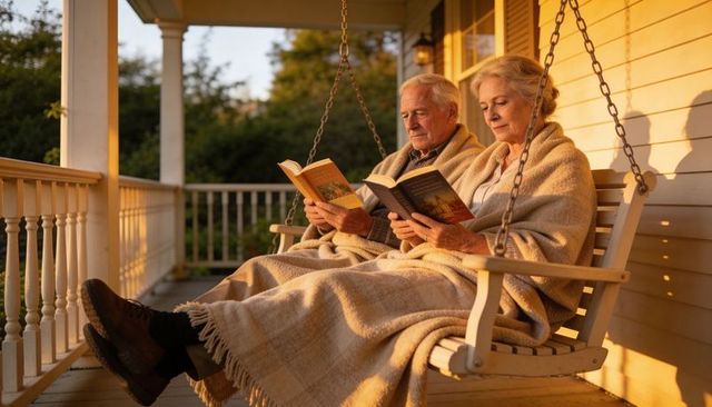 Senior couple reading together on porch swing wrapped in cozy blankets at golden hour