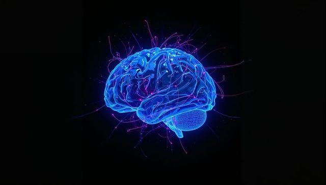 Neon brain with glowing neural networks and electric tendrils in dark void