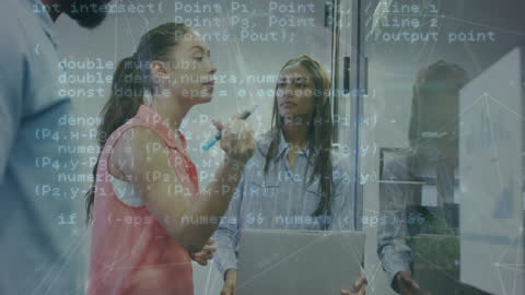 Business Team Analyzing Data with Code Layer Over Office Scene