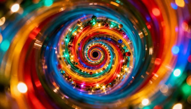 Colorful Spiral of Holiday Lights and Baubles Forming Vortex Bokeh for Festive Background