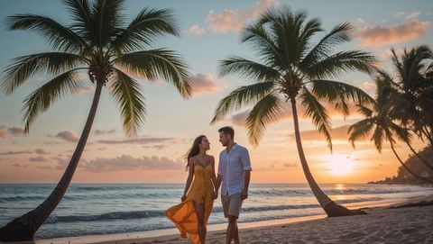 Lovers strolling on tropical beach at sunset with palm trees