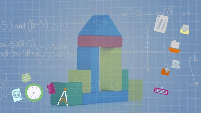 This animated visual features school-related icons and mathematical equations over a toy block tower, making it ideal for educational content aimed at children. Perfect for use in educational videos, presentations, online learning platforms, and children's STEM educational materials. The playful and colorful design engages young audiences while reinforcing learning concepts.