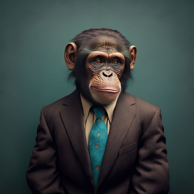 Portrait of ape with suit and blue tie on gray background, created using generative ai technology. Nature and style concept, digitally generated image.