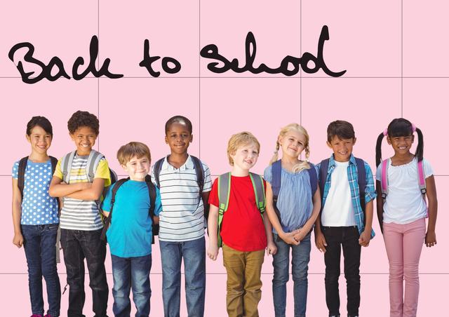 Diverse group of children standing in a row with backpacks, smiling and ready for school. Ideal for educational materials, back-to-school promotions, classroom posters, and advertisements related to children's education and school supplies.