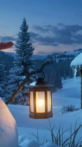 Pulling back from snowman lantern revealing snowy pine forest, cozy log cabin at twilight