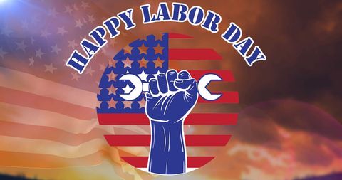 Happy labor day poster with fist and wrench american flag