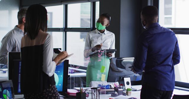 Business Team Collaborating and Discussing with Face Masks in Modern Office - Download Free Stock Images Pikwizard.com