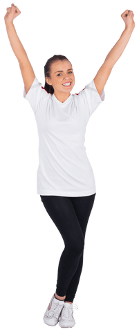 Cheerful Young Woman with Arms Raised Wearing Sportswear on Transparent Background