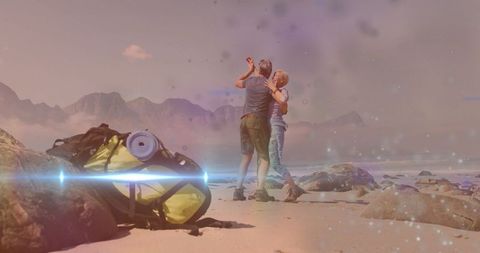 Romantic Getaway: Mature Couple Embracing on Serene Beach