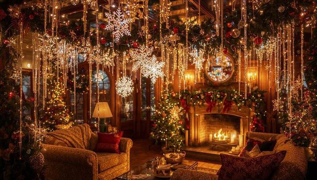 Cozy christmas living room glowing with twinkling snowflake lights and roaring fireplace