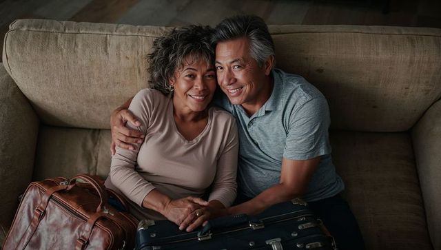 Smiling senior couple embracing on beige couch with suitcases, packing and planning trip