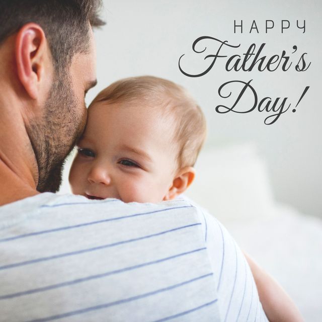 The image captures a tender moment between a father embracing his baby, with a 'Happy Father's Day' greeting overlay. This image is ideal for Father's Day cards, social media posts celebrating fatherhood, or in advertisements and blog posts geared towards family-centered content. The warmth and affection shown make it perfect for emphasizing parental bonds and celebrating special family occasions.