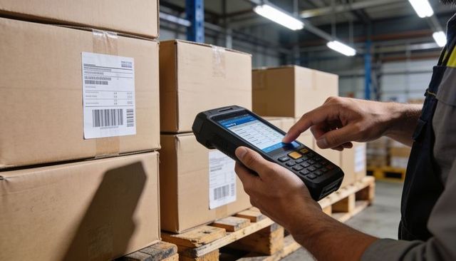 Warehouse worker scanning barcoded boxes with handheld terminal for inventory control