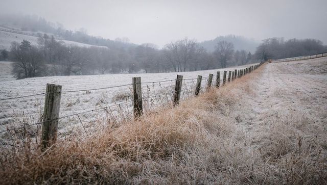 Weathered fence posts cutting across frosted grasses in misty winter pasture landscape