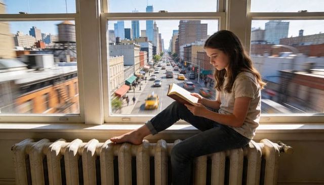 Teenage girl reading book on radiator by window overlooking busy city street