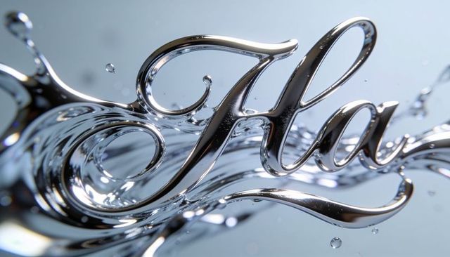 Chromed liquid letter a flowing script typography with reflective splash and mirrored gloss
