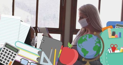 Teacher Using Temperature Scanner with School Icons Overlay