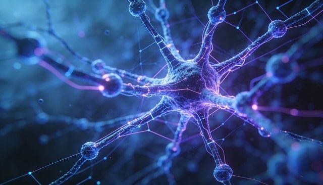 Glowing neuron network transmitting electrical signals through synapse nodes and filaments