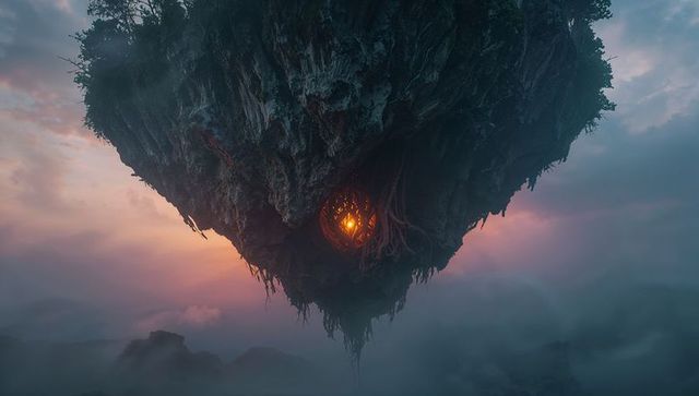 Floating Inverted Landform with Mystical Cave Illumination