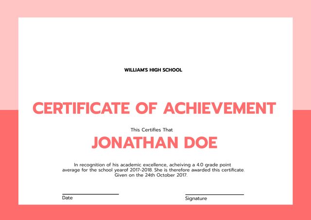 This academic achievement certificate template from Williams High School honors students for their academic excellence. It includes fields for names, grade point average, school year, date, and signature. Ideal for teachers and school administrators recognizing students' hard work and accomplishments, it is easily customizable and printable for various awards.